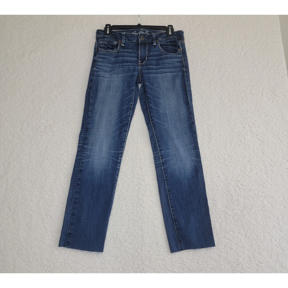 American Eagle Ankle Jeans Women 6 Blue Low-Rise Raw Hem Stretch-Upcycled